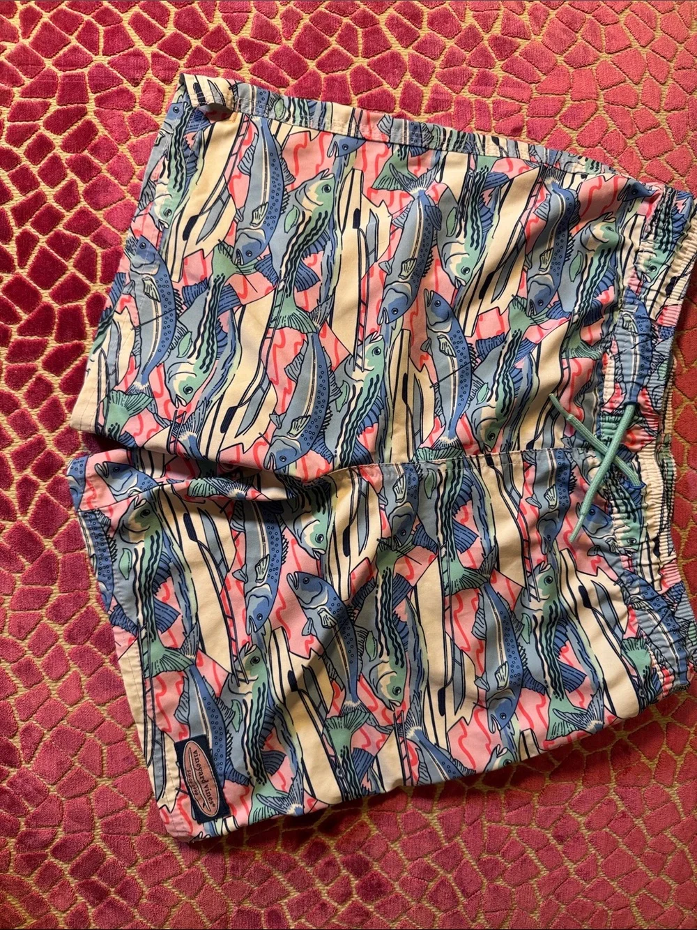 Vineyard Vines Boys Fish Print Swim Trunks in Coral, Blue & Cream medium